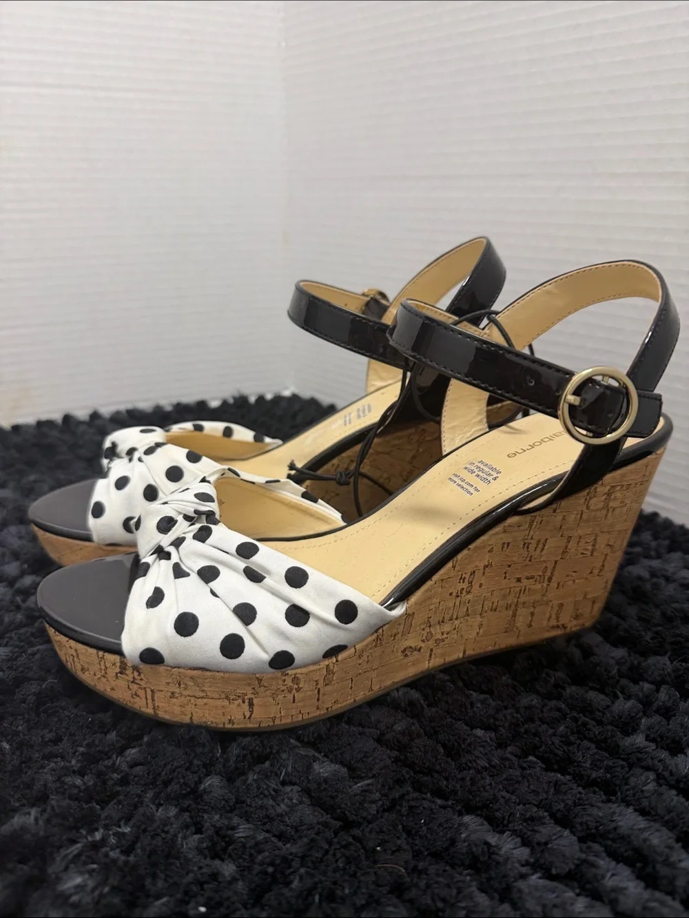 LIZ CLAIBORNE Polka Dot Bow Cork Platform Sandals - Black & White